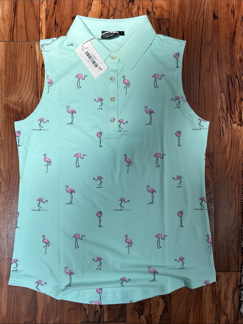 Sleeveless Mint Polo Top with Pink Flamingo Print
